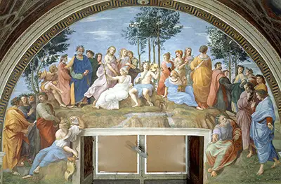 Stanza della Segnatura im Vatikan für Papst Julius II., Wandfresko, Szene: Der Parnaß Raffael